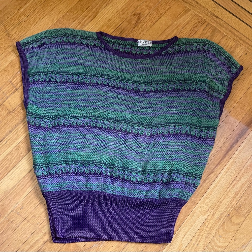 Vintage 80’s Knit Sweater Vest Green Purple Striped Cottagecore Y2K